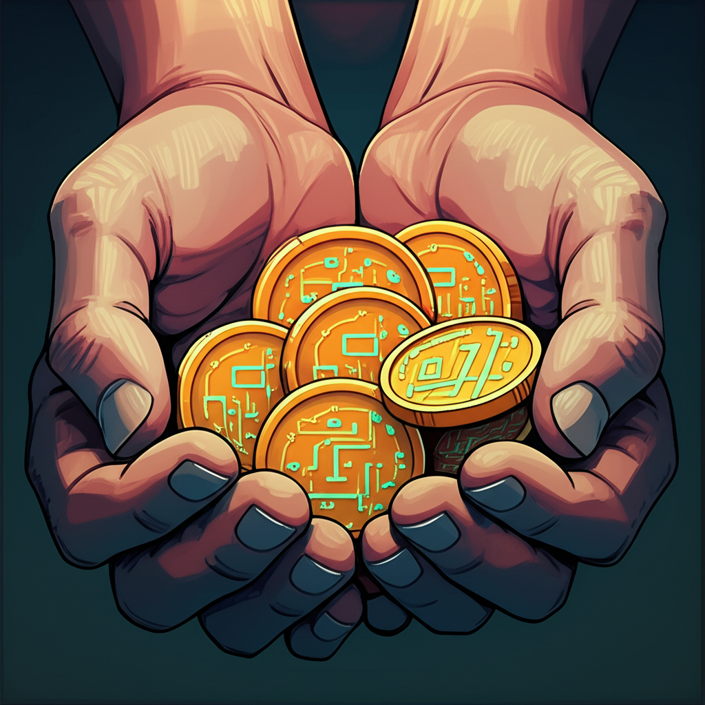 Weathered hands holding golden tokens - a lifetime of labor in a moment of decision