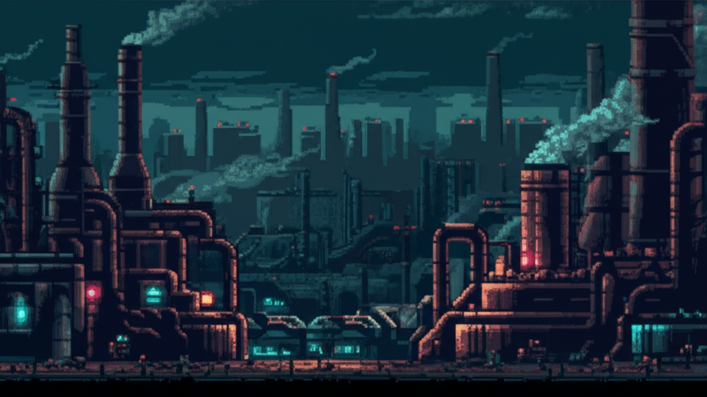 Industrial zone with factories and smoke stacks stretching to horizon