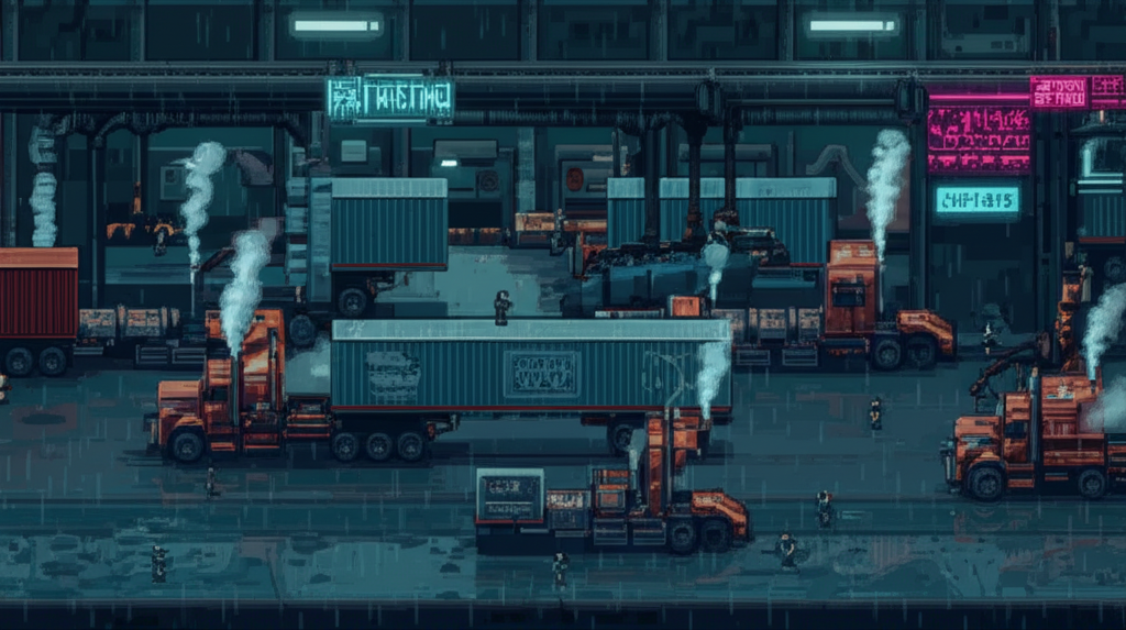 Ironclad Industries cargo terminal with automated freight haulers and elevated rail system