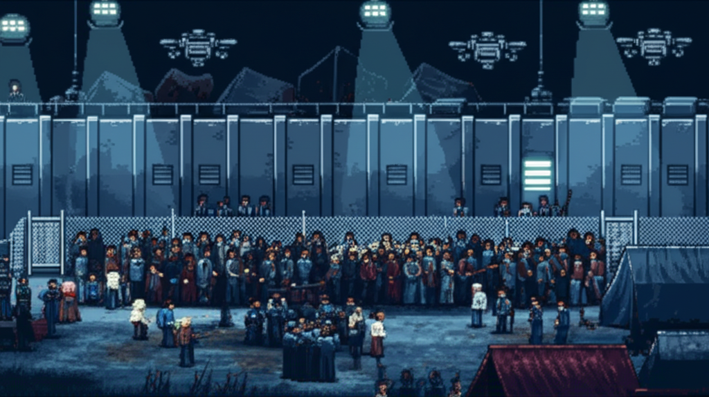 Border checkpoint with desperate refugees pressed against processing area, drones and searchlights overhead