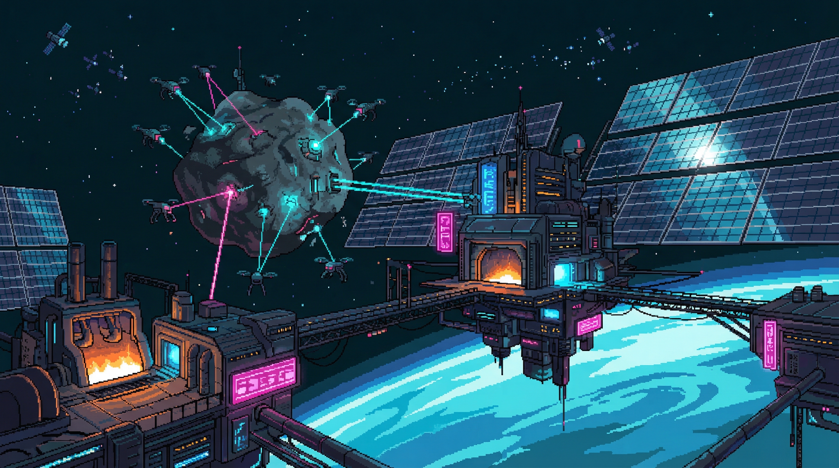 Orbital space station and asteroid mining operation with Earth visible below, solar panel arrays stretching into darkness, automated mining drones processing asteroids