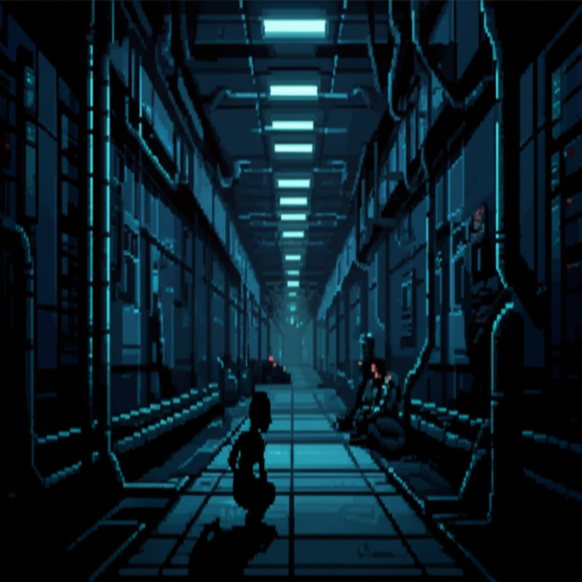 GG crouched in a dark server maintenance corridor, silhouette barely visible against the faint blue glow, an unconscious guard slumped against the wall ahead