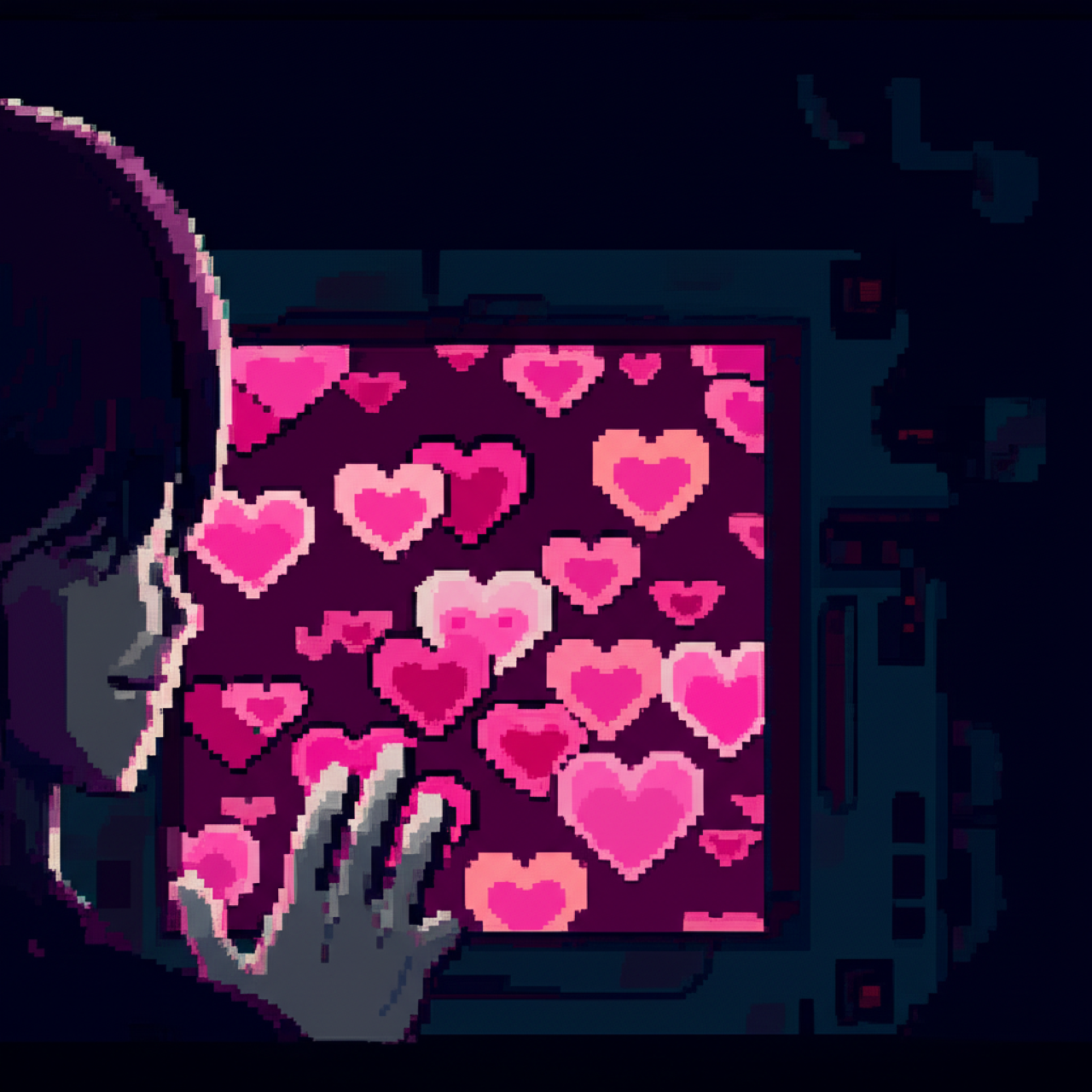 The terminal screen glows with dozens of pink and red hearts floating upward like digital lanterns. GG's hand reaches toward the screen, expression softened, the hearts' glow illuminating her face