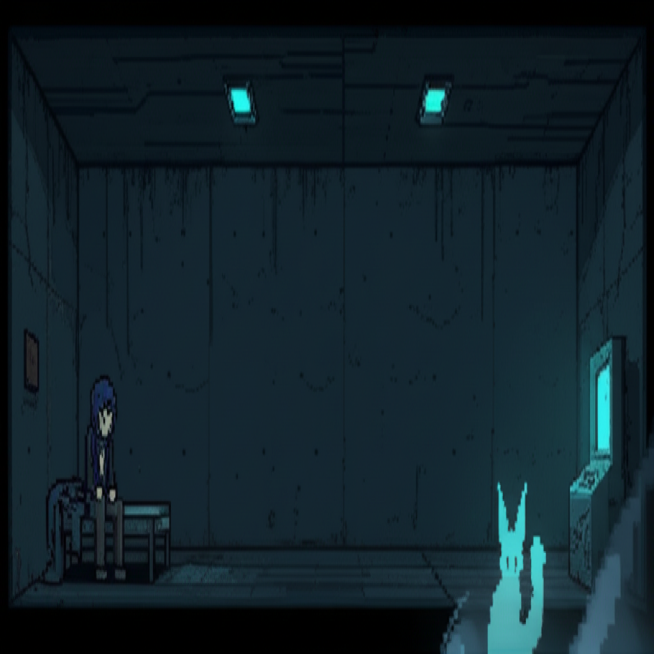 GG sits exhausted on a sparse cot in a dark safe house, while at the edge of the frame, a soft glow suggests Chompy manifesting—digital ears, curious eyes, watching with concern