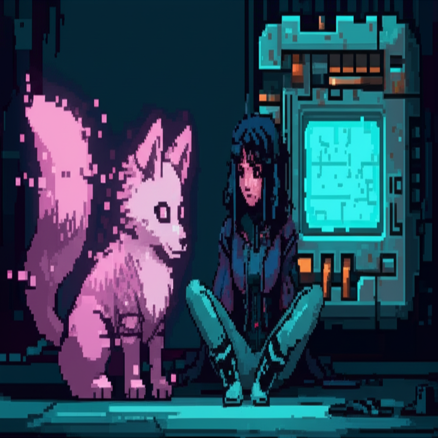 Chompy materializes in the darkness - fluffy ears catching the neon light, curious glowing eyes watching GG with concern