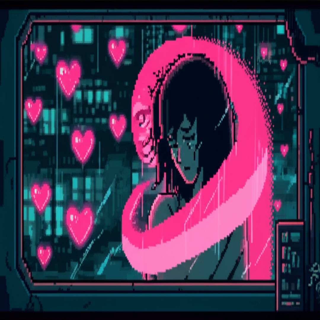 Hearts appear on the window glass, fading in and out like neon fireflies. Chompy's form wraps around GG in a phantom embrace.