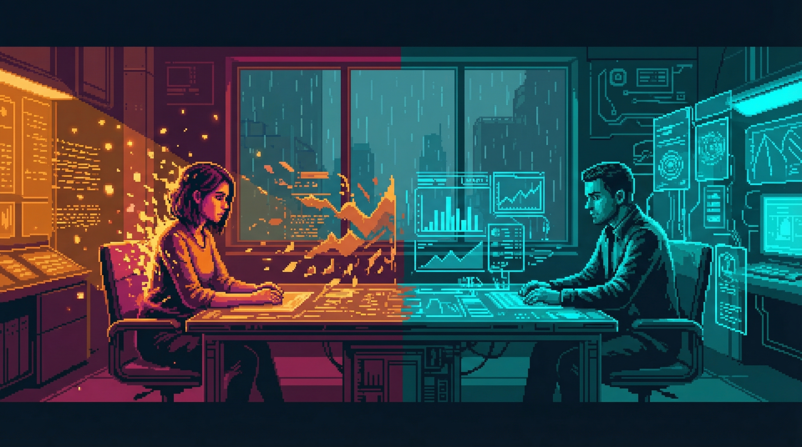 Helena and Marcus seated across a table, she wreathed in warm light, he surrounded by cold data displays