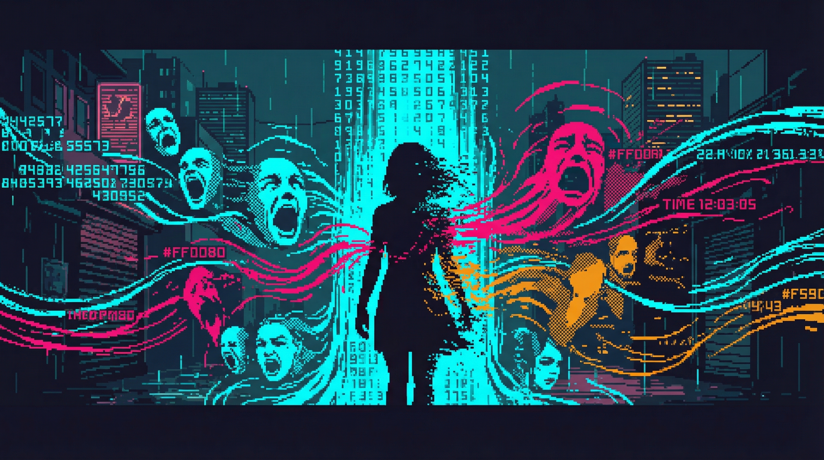 Helena's silhouette consumed by synesthetic chaos - numbers cascading like waterfalls, data streams that feel like grief