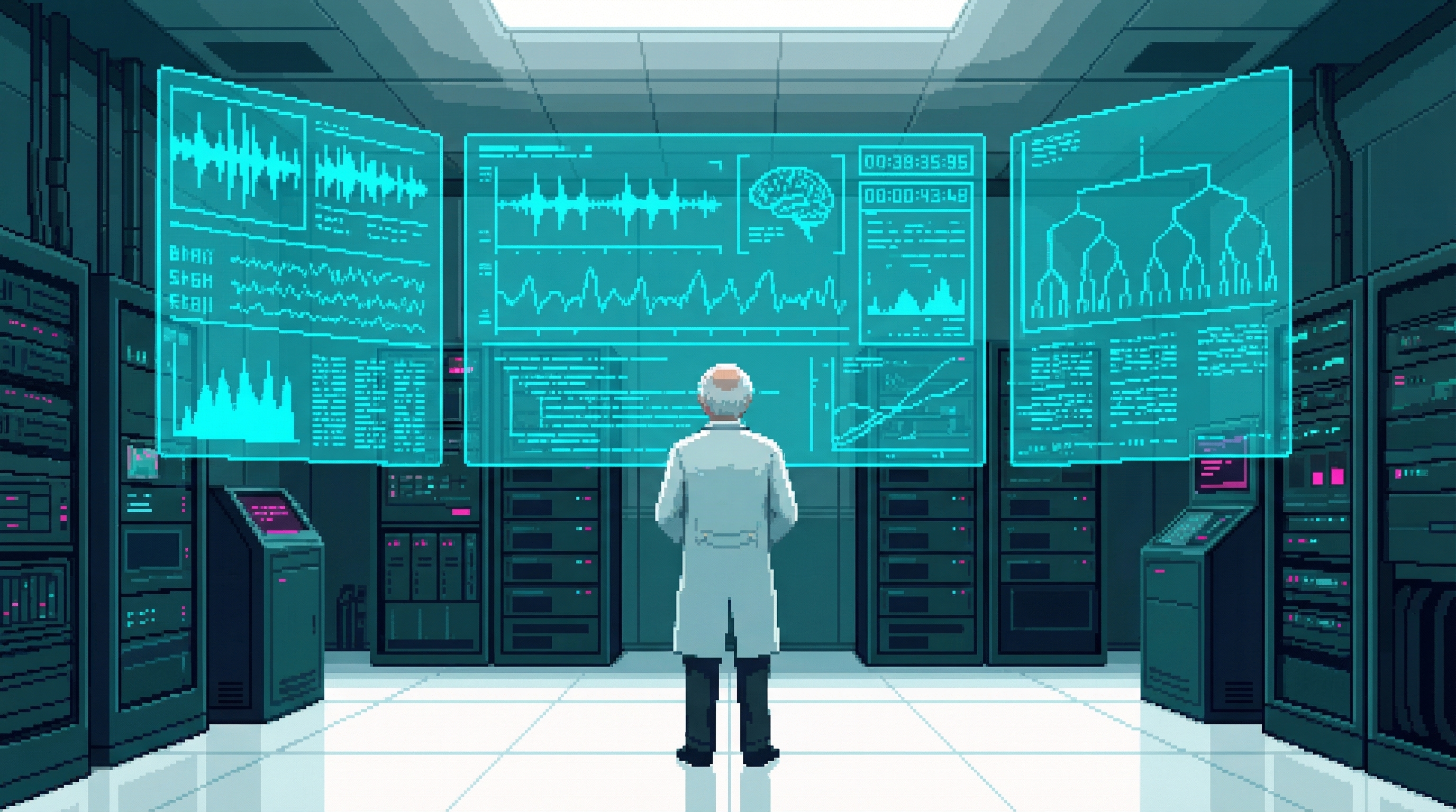 Marcus's sterile laboratory with holographic data displays showing waveforms and cascade visualizations