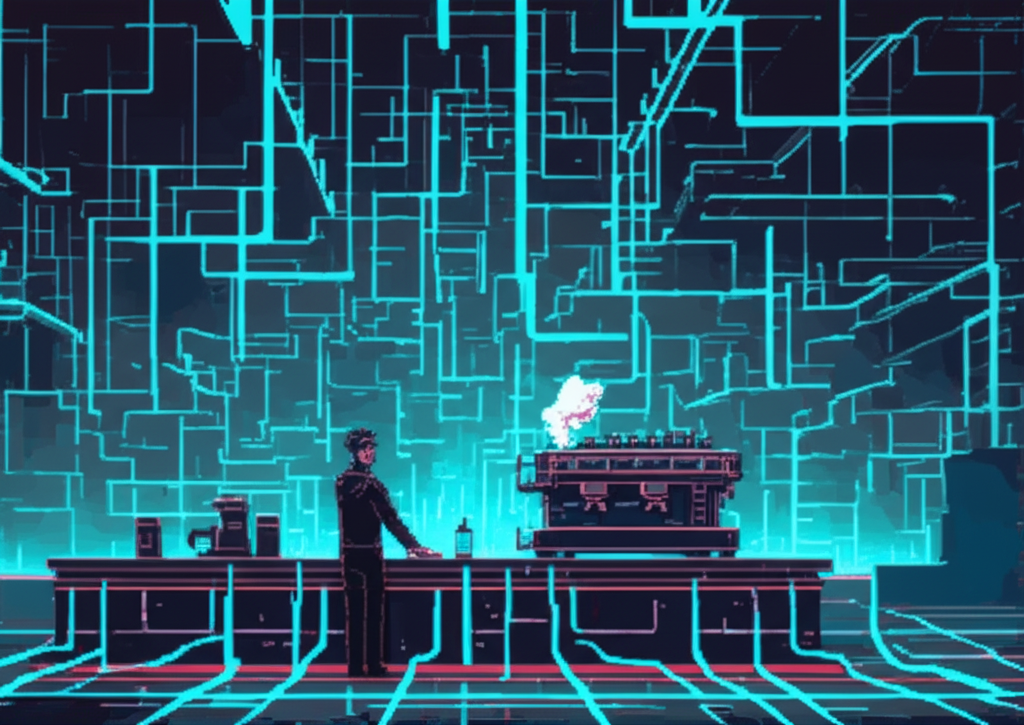 The cafe transformed—walls becoming absent, revealing layers of reality, data cables glowing like luminous veins