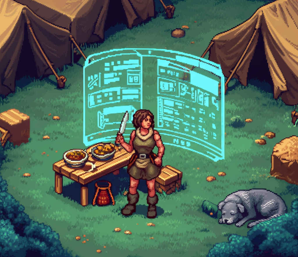 A woman in battle-worn clothing stands at a field kitchen, knife in hand, while a holographic interface displays ingredient calculations around her. A small bowl sits prepared for an elderly dog nearby.