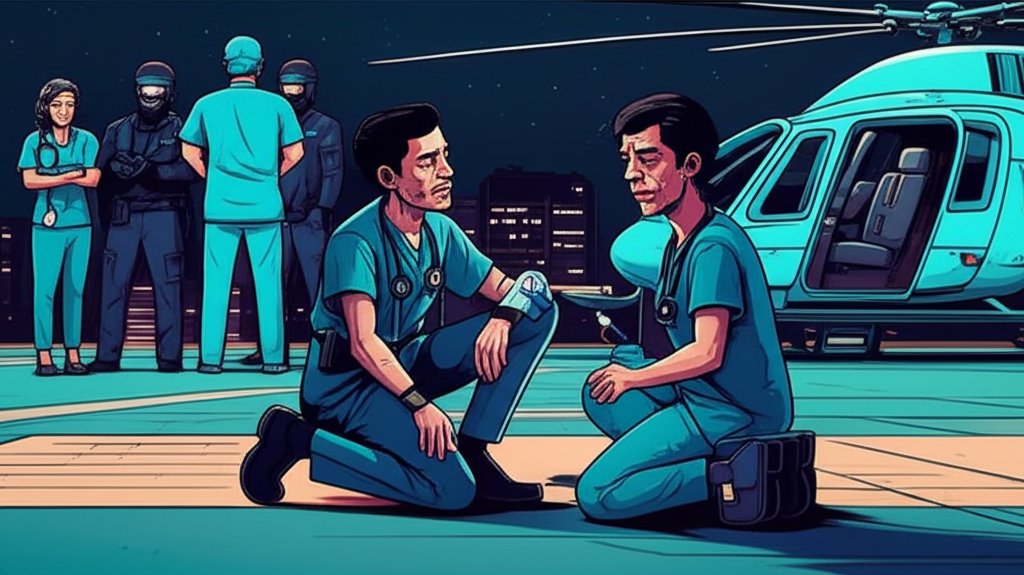 Dr. Tzu Yu kneeling beside the injured executive, flight nurses prepping helicopter's surgical suite