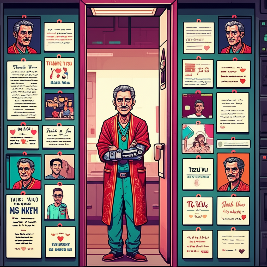 Wall covered in thank-you cards, photographs, testimonials - new limbs, grateful families, some corporate logos