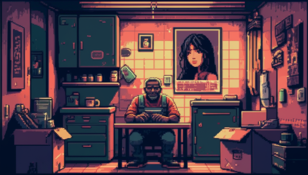 Viktor sits at his kitchen table surrounded by moving boxes, exhausted but optimistic, a photo of his daughter visible