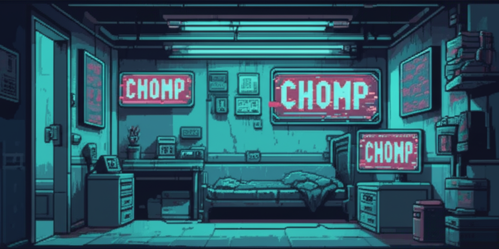 GG's sparse apartment—security officers lie unconscious, screens display 'CHOMP' in glitching text