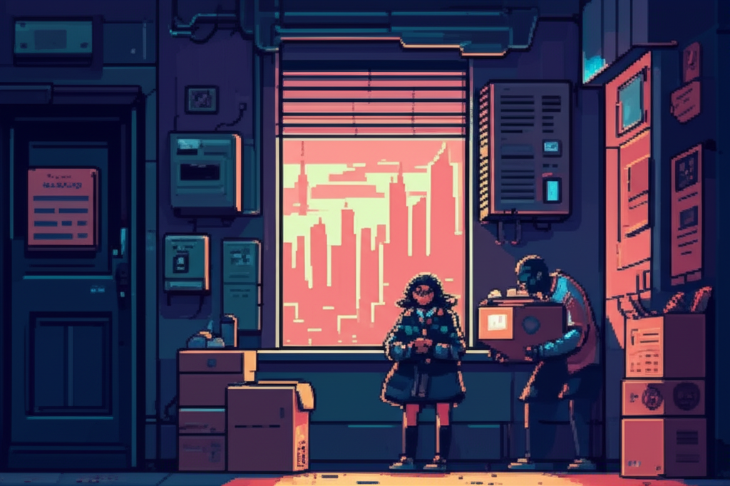 Viktor and his daughter unloading boxes in a nicer neighborhood, both laughing, sunset over the Sprawl