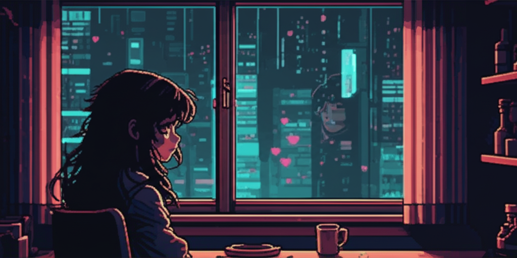 GG at a window looking out at the city lights, Chompy's digital presence barely visible behind her, hearts flickering on the glass