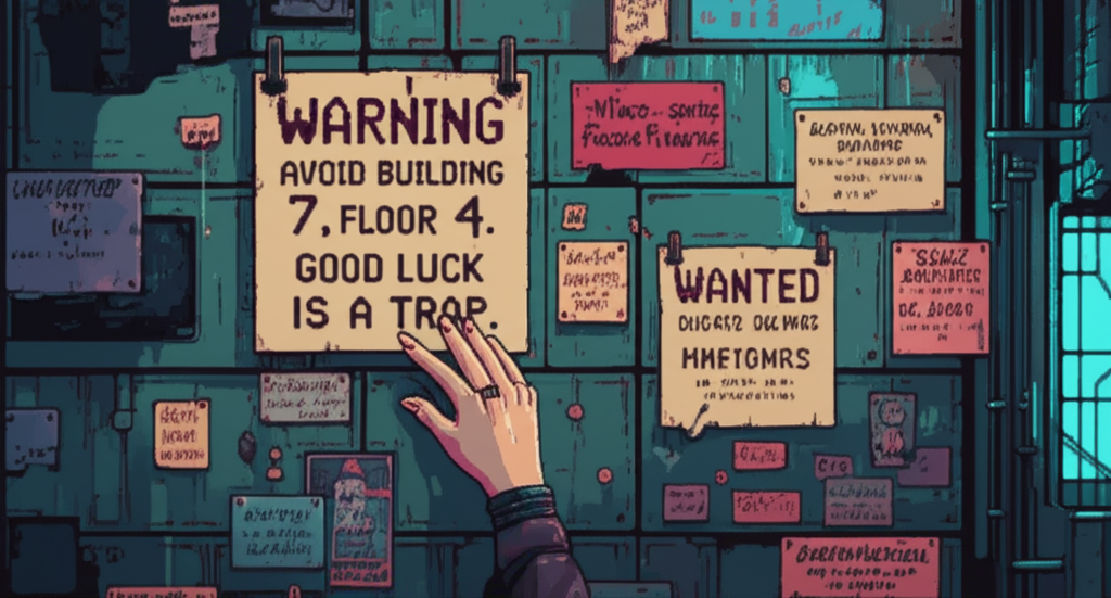 A weathered message wall covered in warnings—'Avoid Building 7, Floor 4. Good luck is a trap.' GG's hand reaches toward a note.