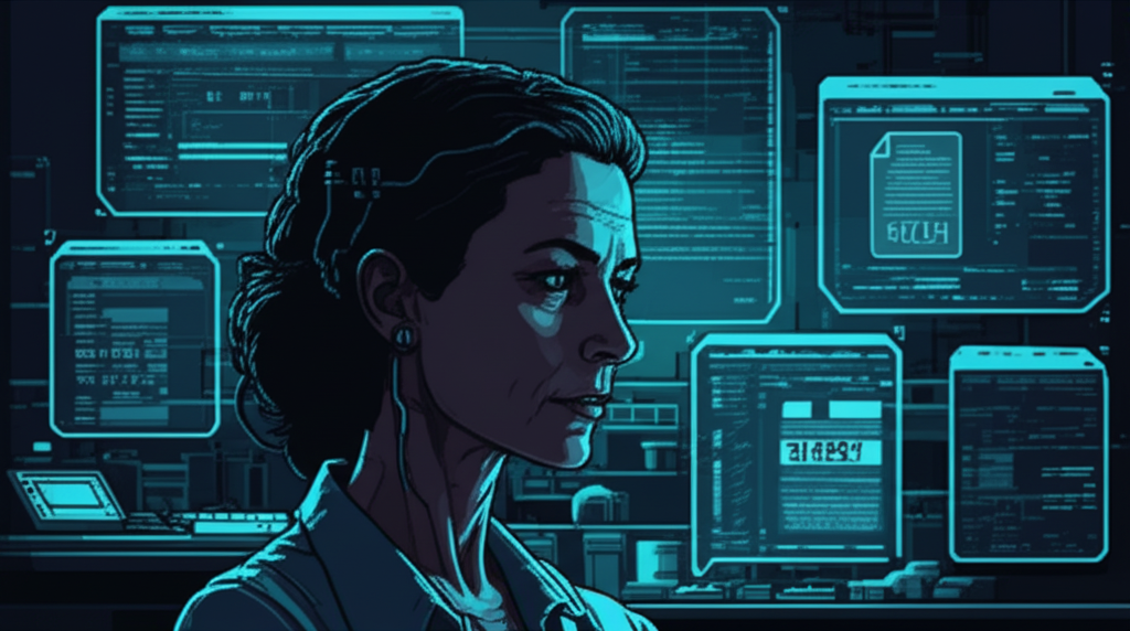 Dr. Elena Voss alone in her sterile lab at night, surrounded by cold blue holographic displays