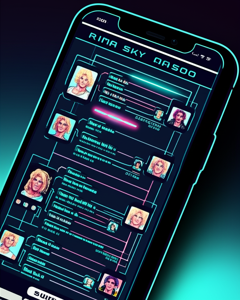 Rima's phone showing his complex social network map