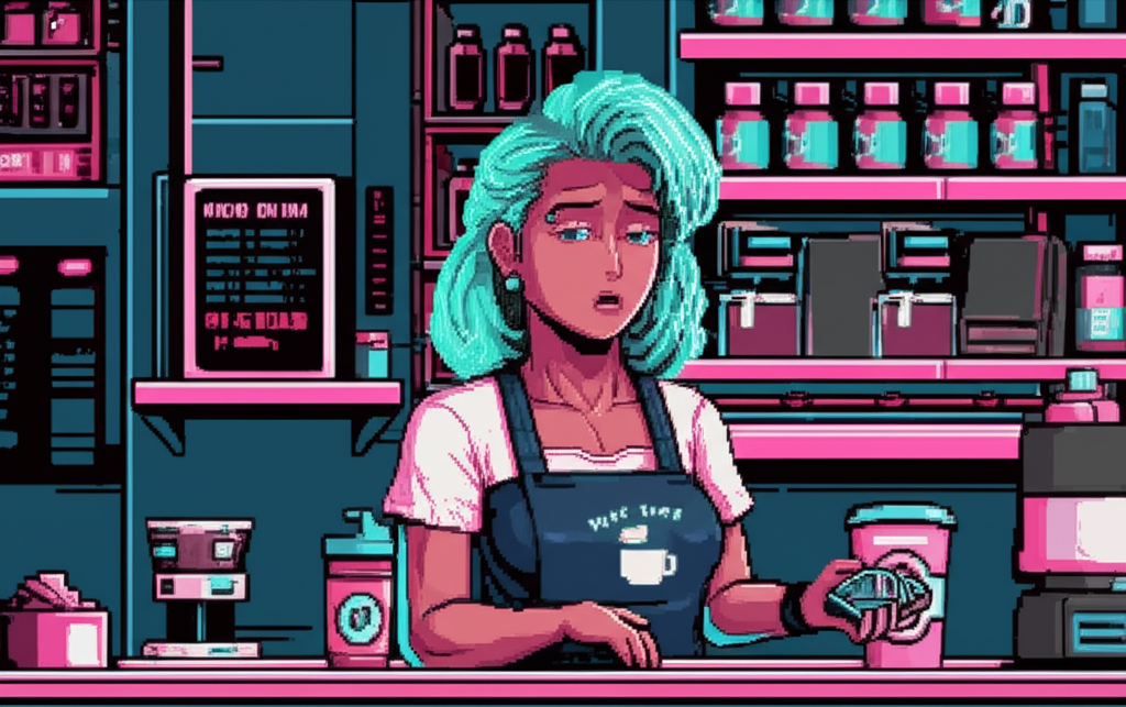 The barista's expression shifting as she receives valuable intelligence