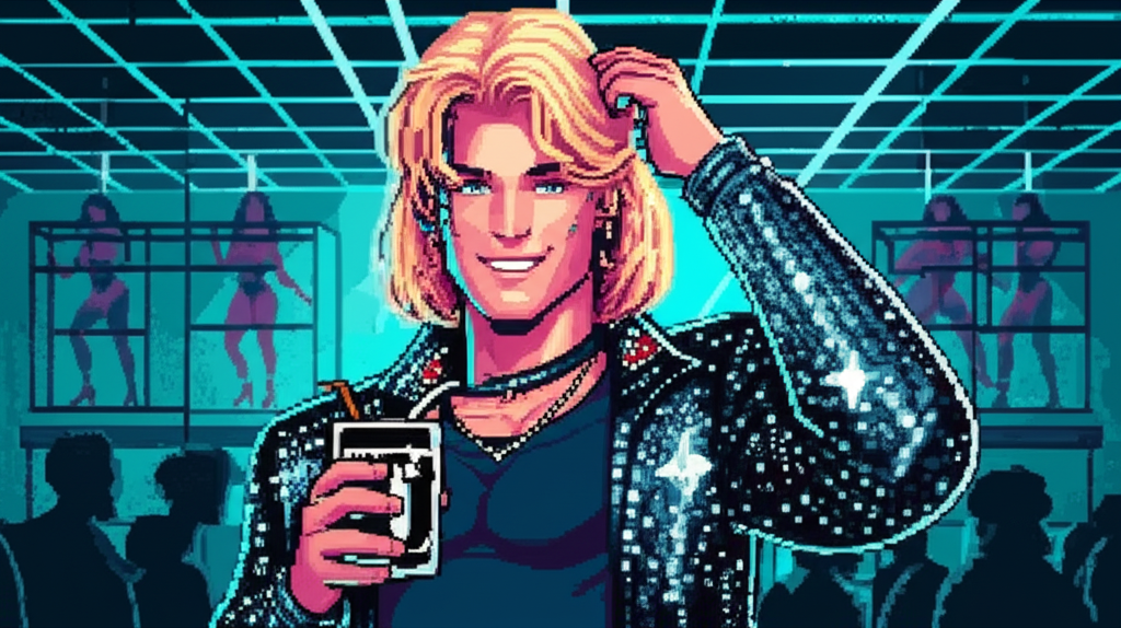 Rima entering the club, jacket catching laser light, rhinestones blazing