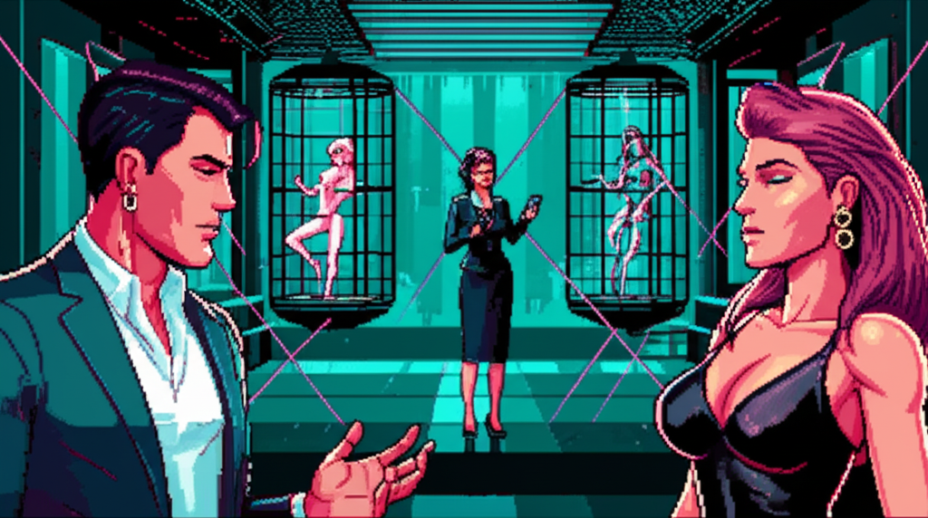 Interior of Prism - two conversations happening in parallel, Rima between them orchestrating