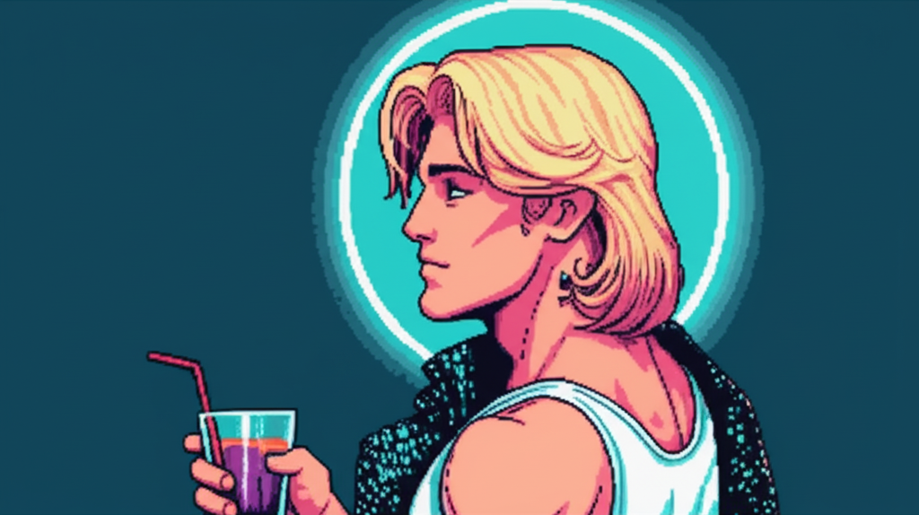 Rima in profile, watching the party he's created, laser halo on blonde hair, something wistful