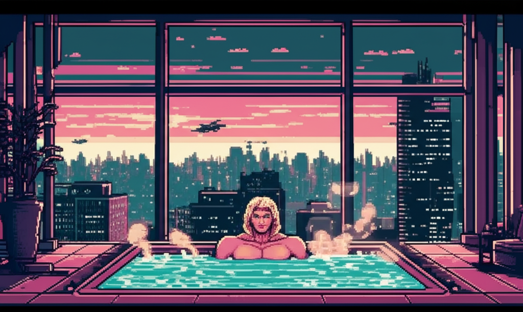 Wide shot of Heaven Towers penthouse, Rima small in the balcony spa, vast city awakening