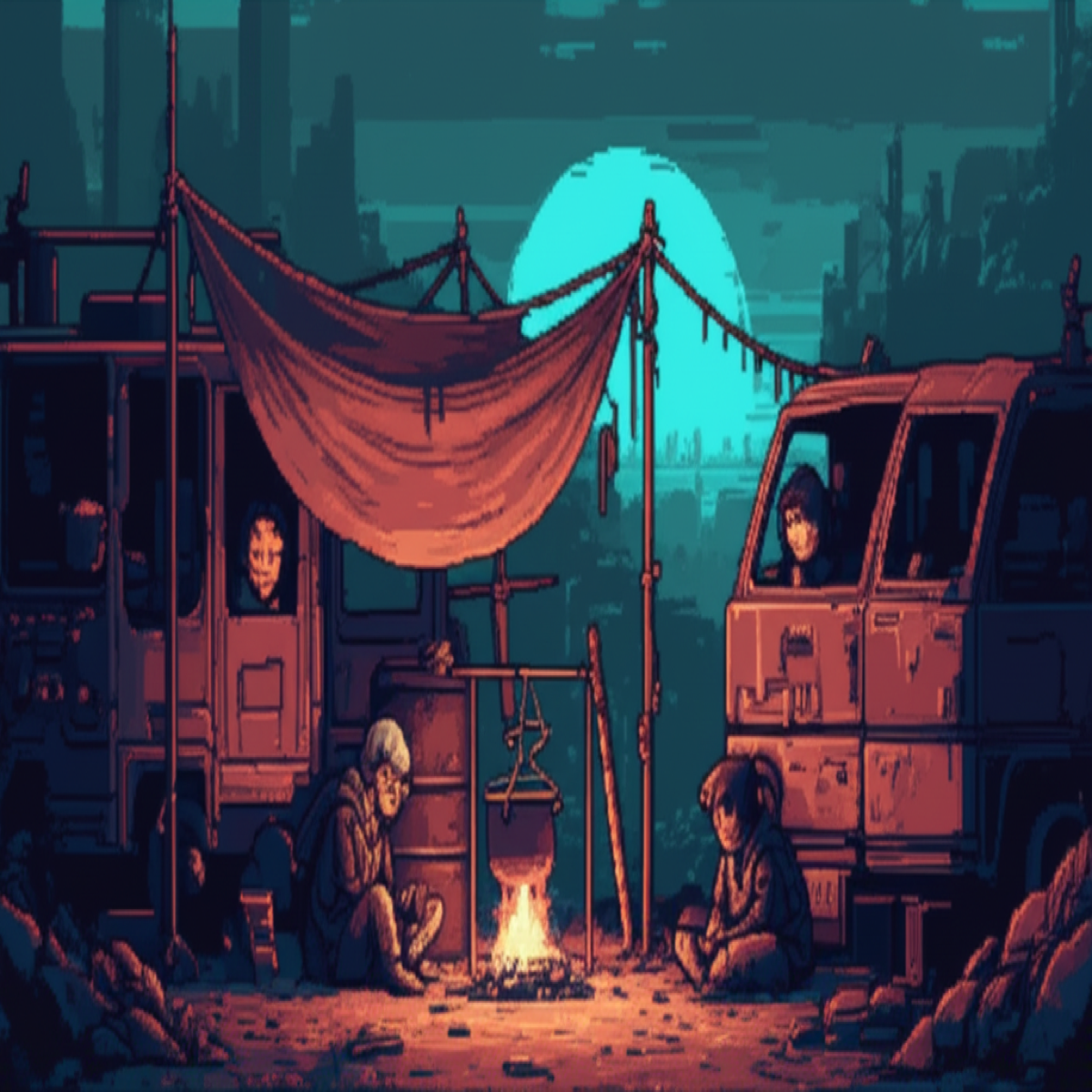 A small camp at dusk carved from rusted vehicles, tarps stretched between them, fire in a barrel, the Sprawl's dome glowing faintly on the horizon