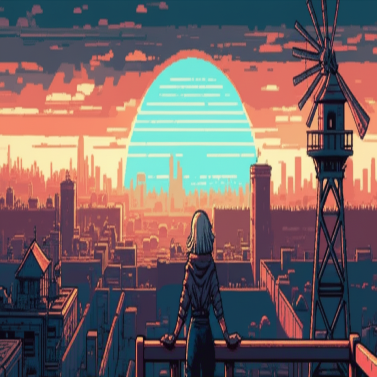 Maya five years later on a watchtower at dawn, weathered and strong, looking toward the distant dome - not going back, just alive