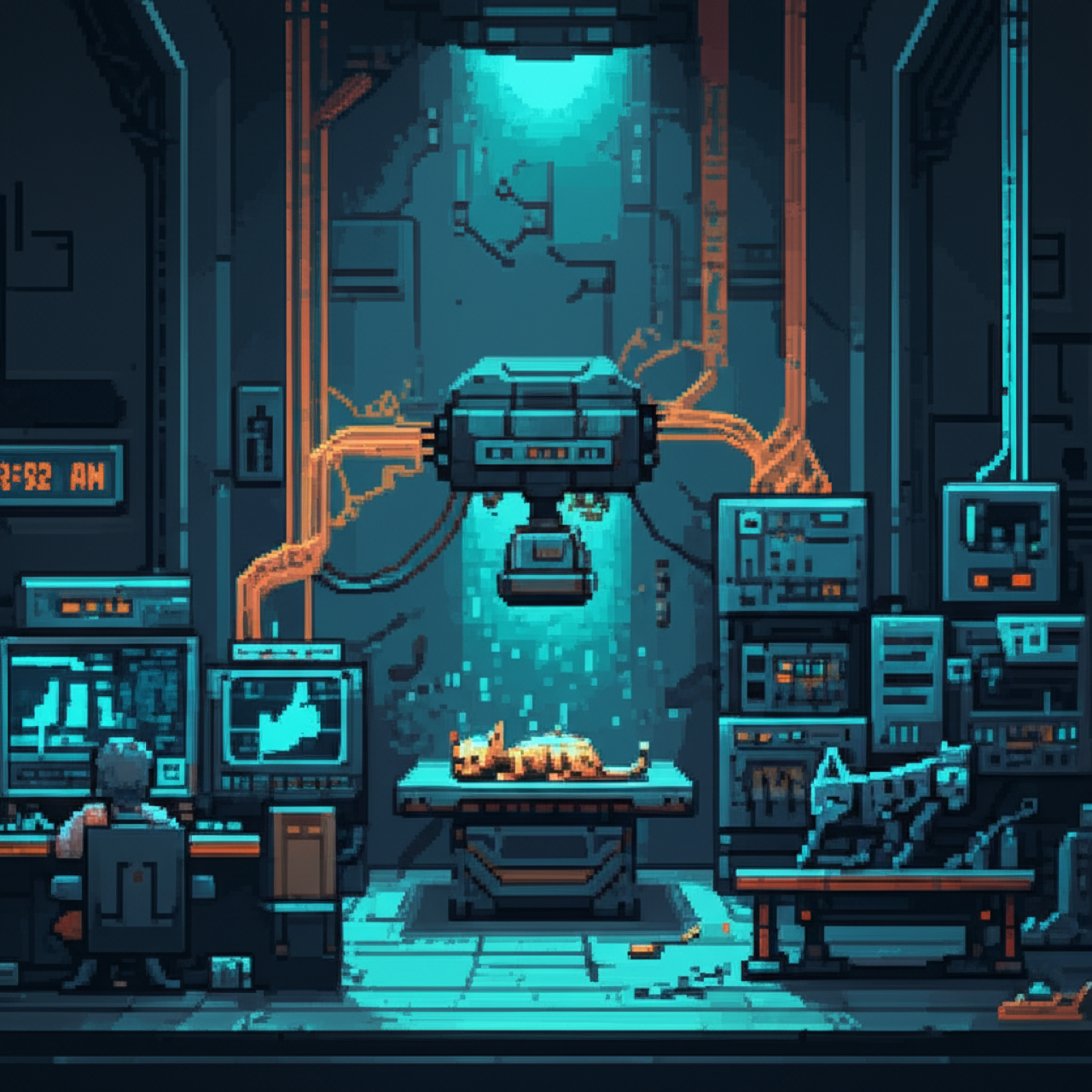 Shrine room converted to emergency lab - Kaiser's body on scanner, crude robot body waiting nearby