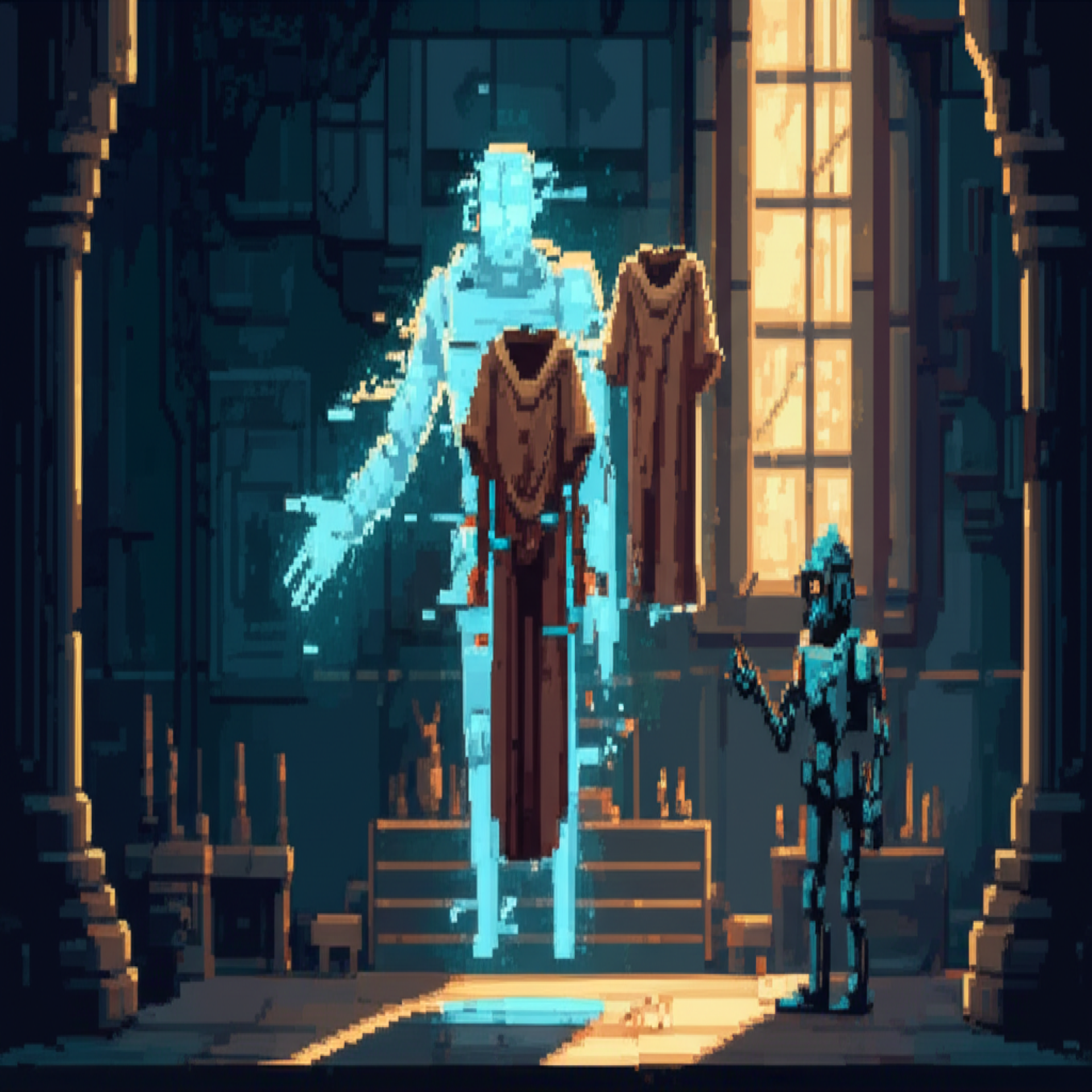 First full holographic form - empty robes, glowing eyes - reaching for Kaiser who bumps his insubstantial hand