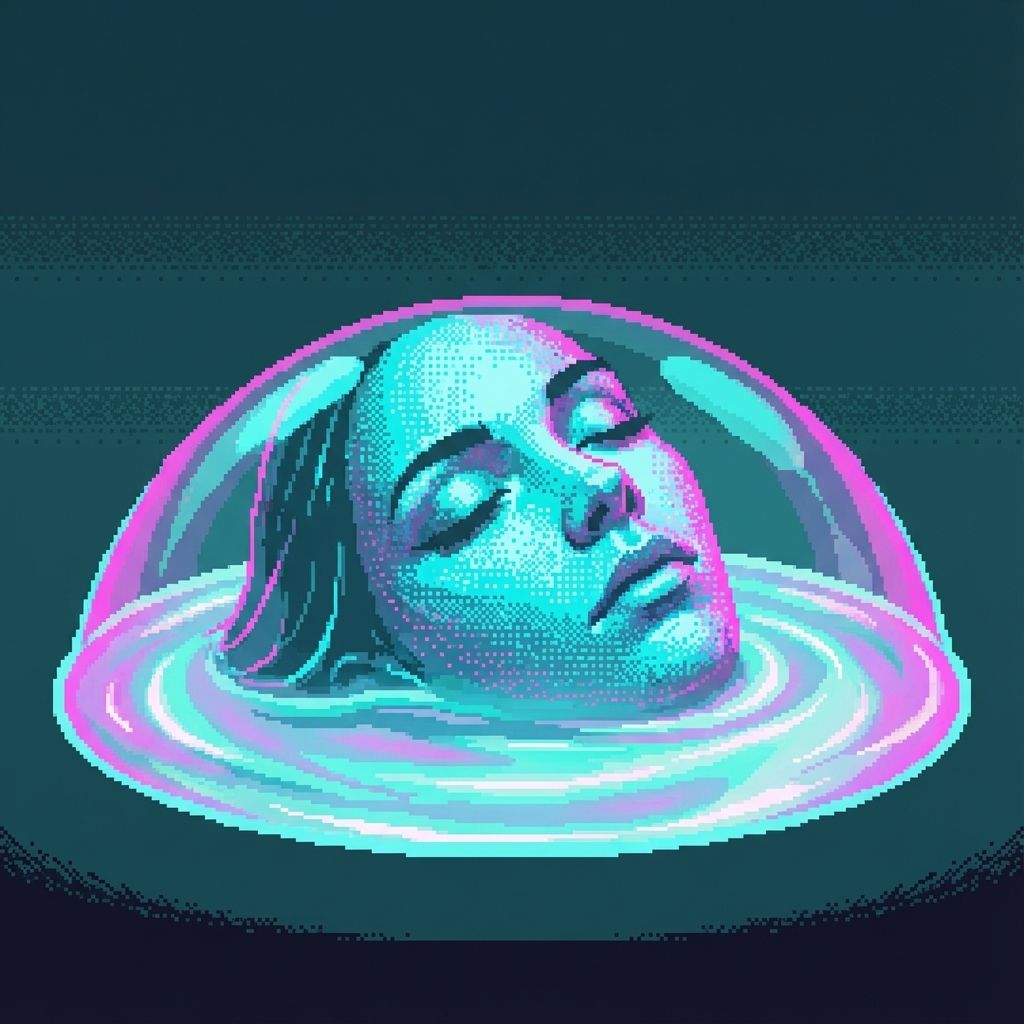 A face forming in the dome surface—human features, eyes closed, rendered in shimmering nanostructure