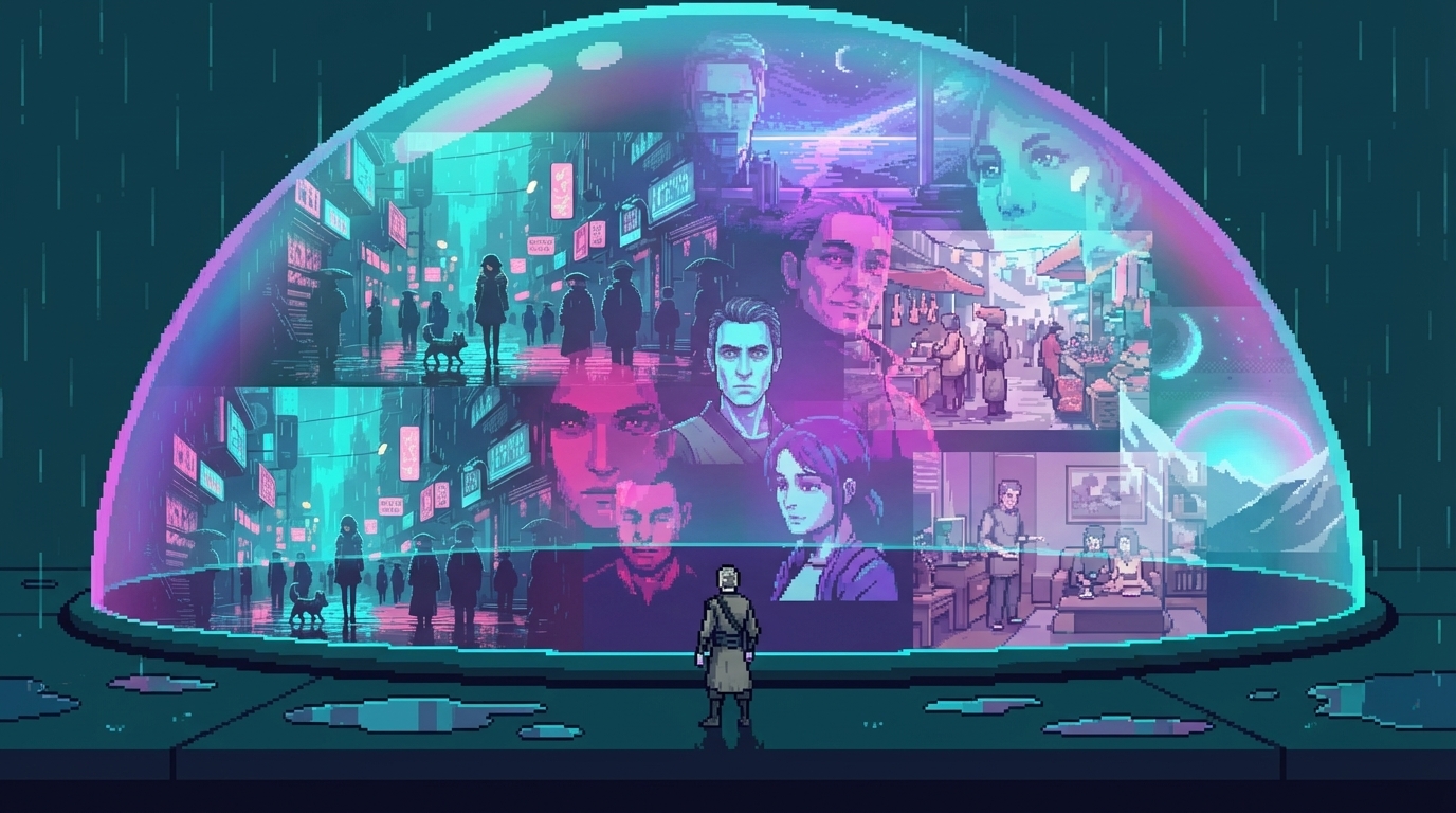 The dome displaying multiple scenes at once—the city, faces, daily life—overlapping like a holographic memorial