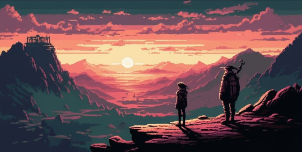 Angel standing at the edge of a cliff overlooking a vast landscape, sun setting, the elder watching from the doorway