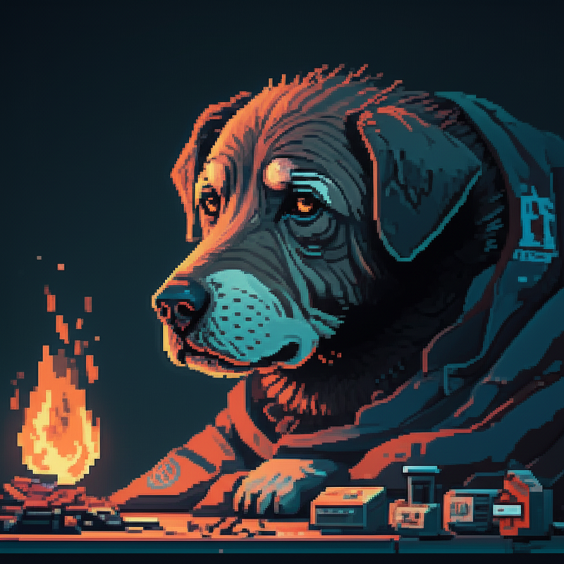 Sage the gray dog watching from her bed of salvaged blankets