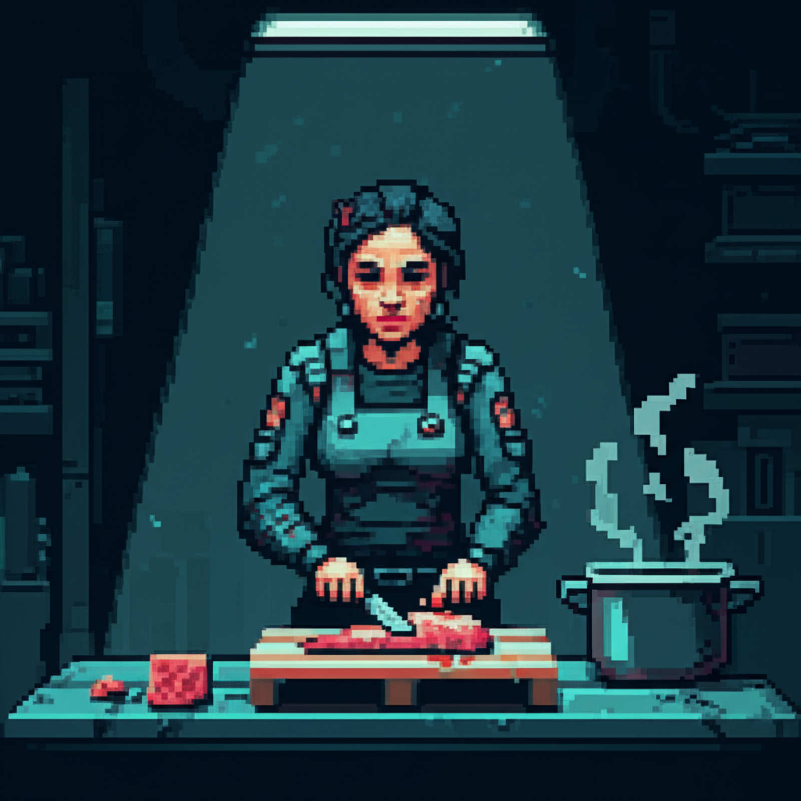 Close-up of tactical knife on loading pallet, meat being carved with steady hands