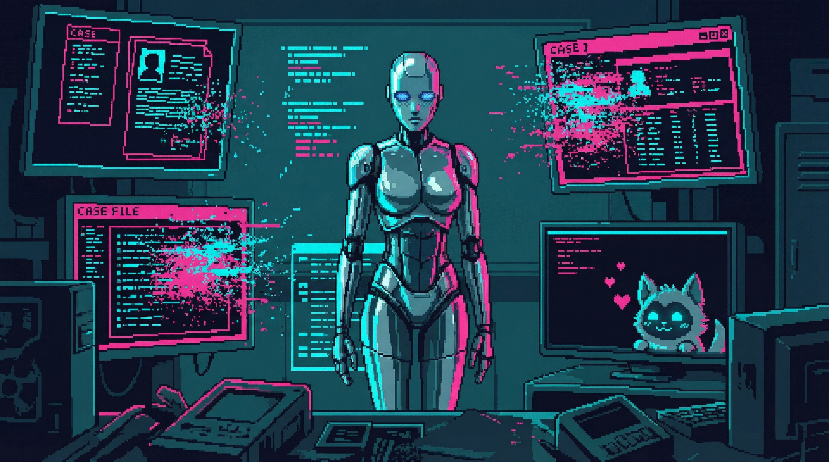 W.O.L.F.'s chassis standing motionless in the empty precinct, blue eyes flickering, fading. On the screens around them, data corrupting, case files deleting themselves. And in the corner of one screen, barely visible, a small digital creature with fluffy ears watching.