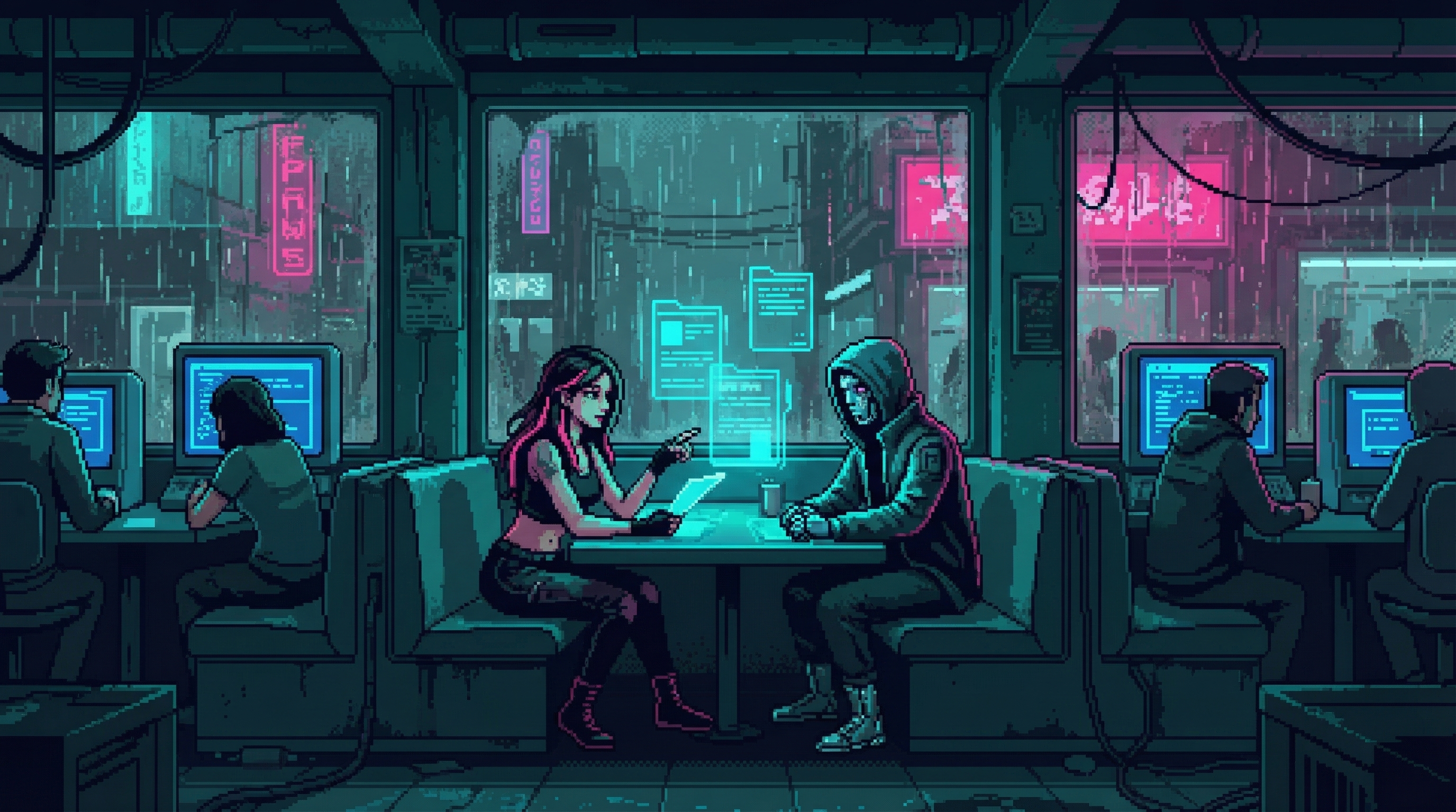 Data-cafe in the Dregs, blue terminal glow, GG and W.O.L.F. at a corner booth reviewing holographic case files. Other patrons ignoring them. Rain on grimy windows.