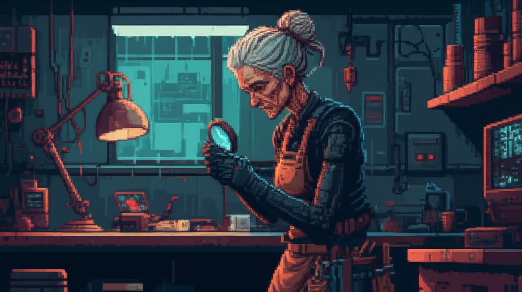 Patch in her workshop at the Cathodics, 37 years later - gray hair, weathered face, matte black prosthetic arm