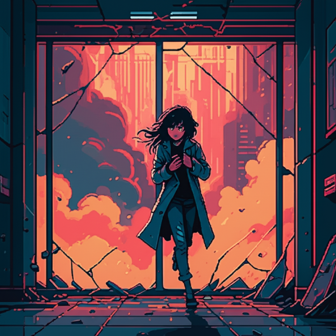 Kira running through shattered lobby as the building collapses behind her