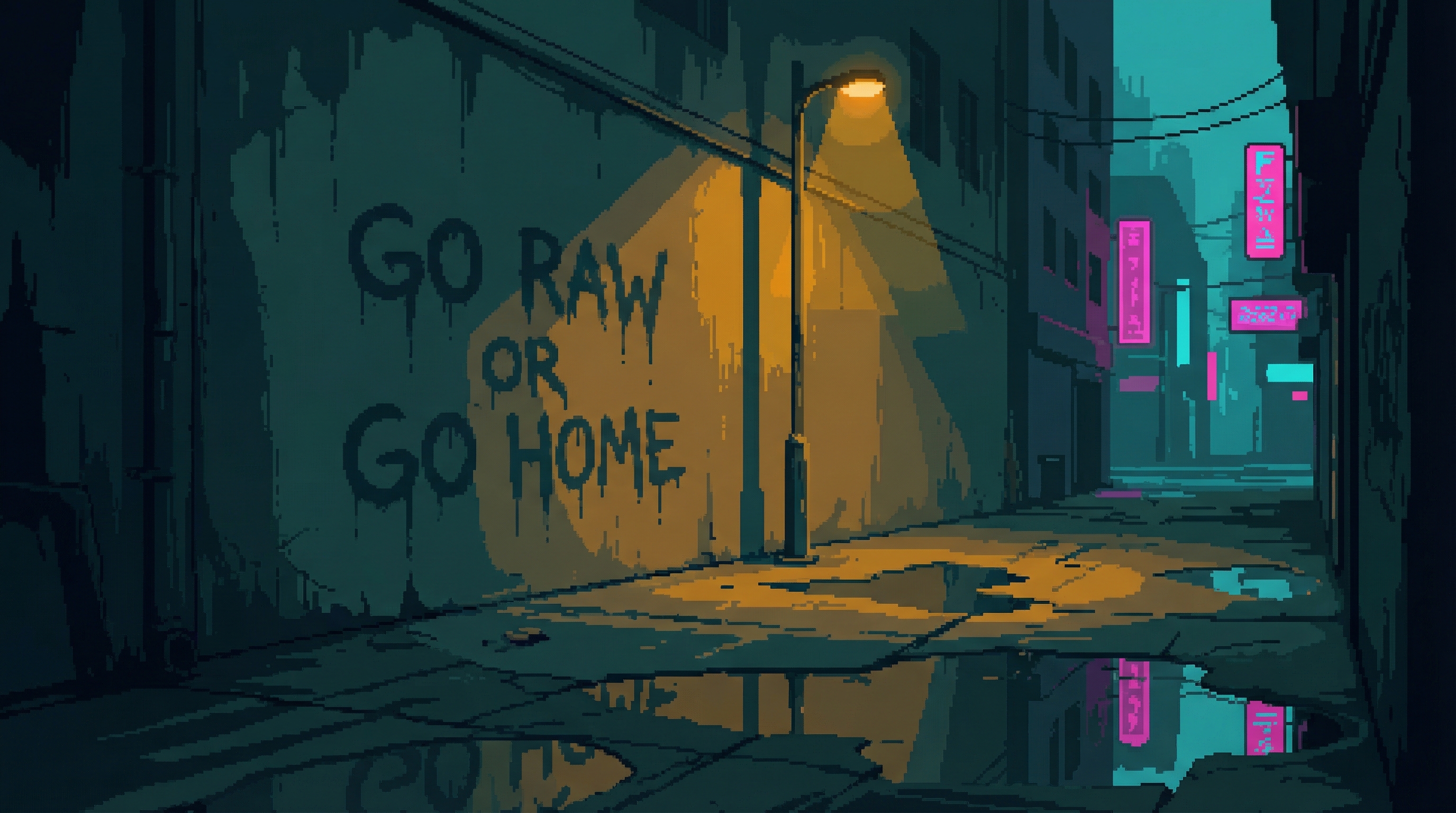 Rough graffiti spray-painted on a dark concrete alley wall — raw, dripping, undesigned