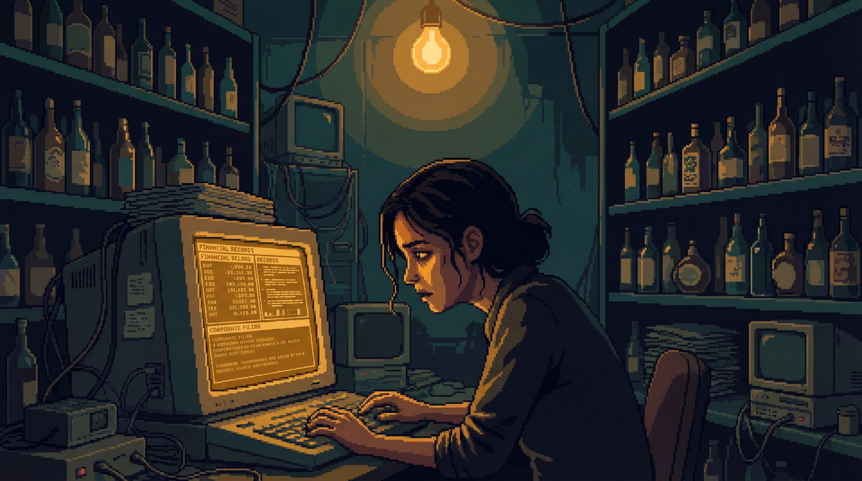 Fen hunches over an old terminal in a dark back room, amber screen glow illuminating her face from below