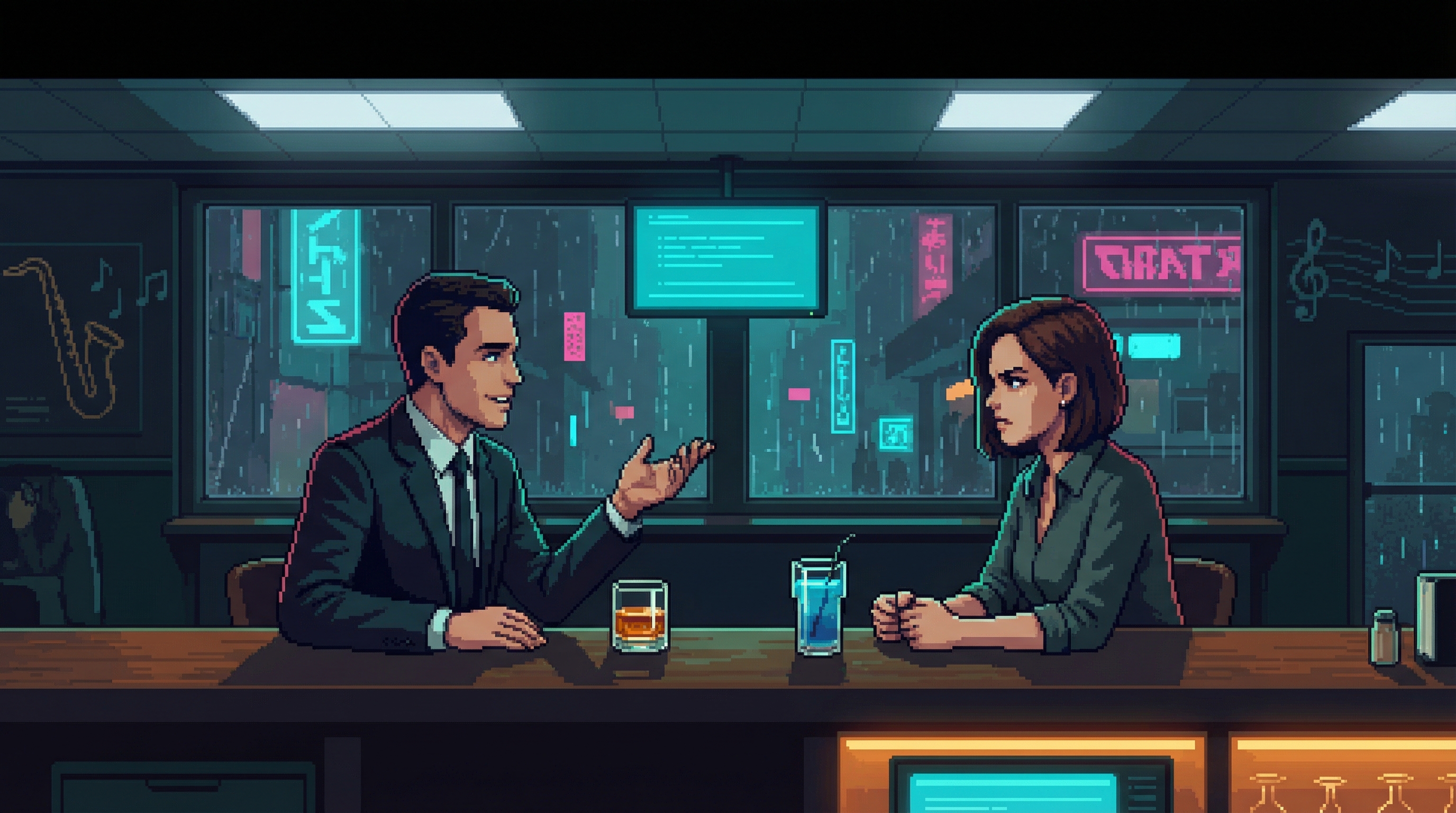 Two figures at a bar — one speaks with smooth corporate precision, the other listens with clenched jaw