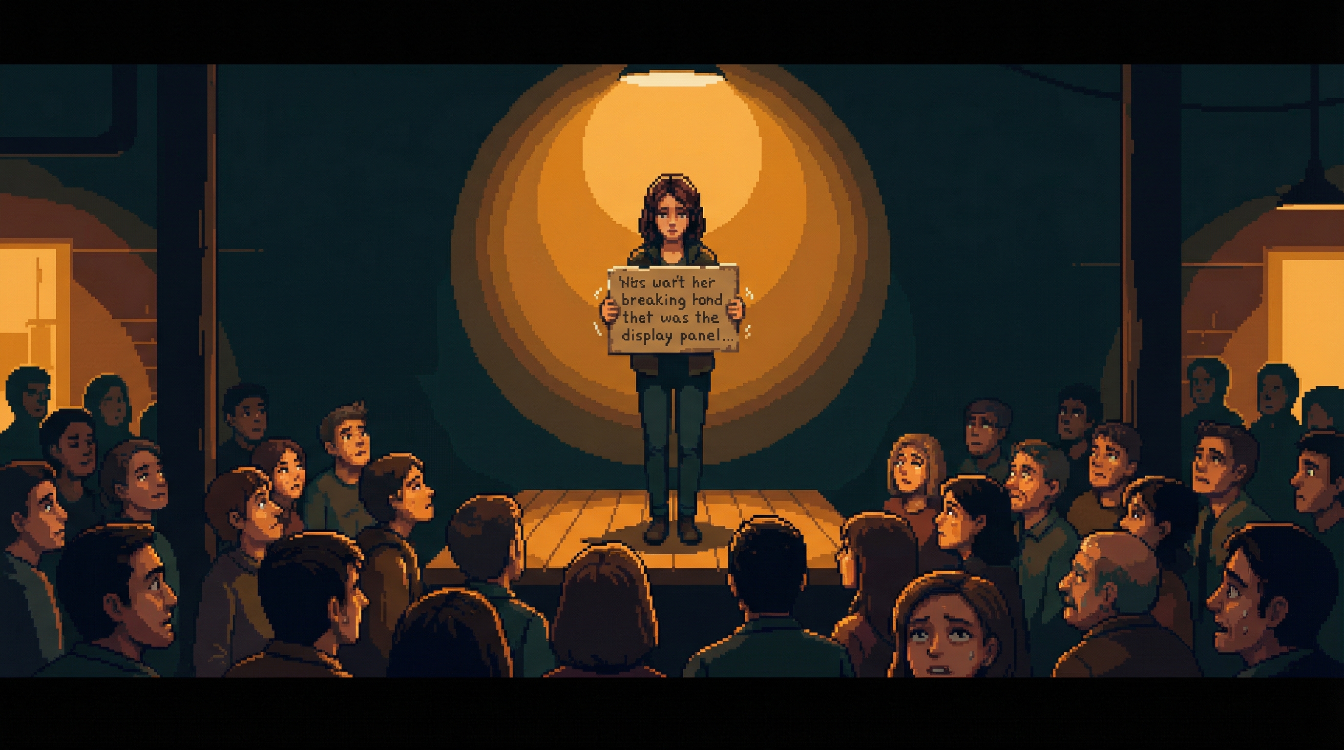 Fen on stage under a single amber spotlight, holding a recycled display panel, hands shaking, crowd packed below