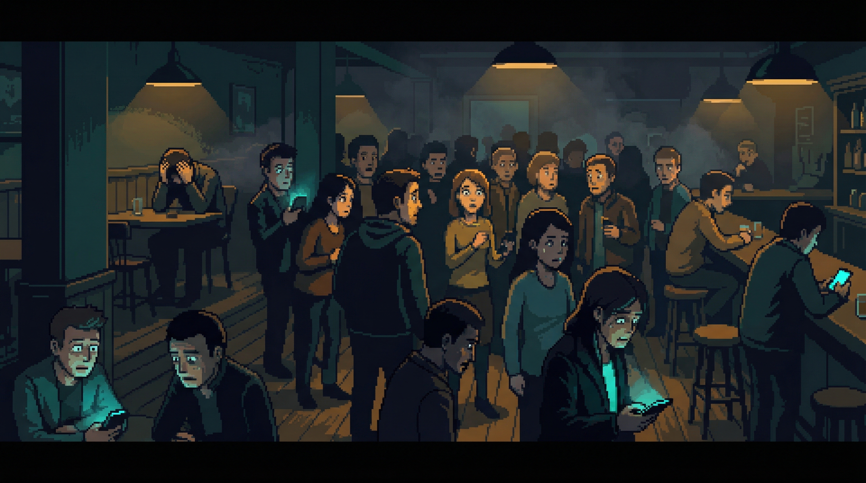 A crowd in a dark basement bar, faces showing shock and discomfort in amber light after hearing something disturbing