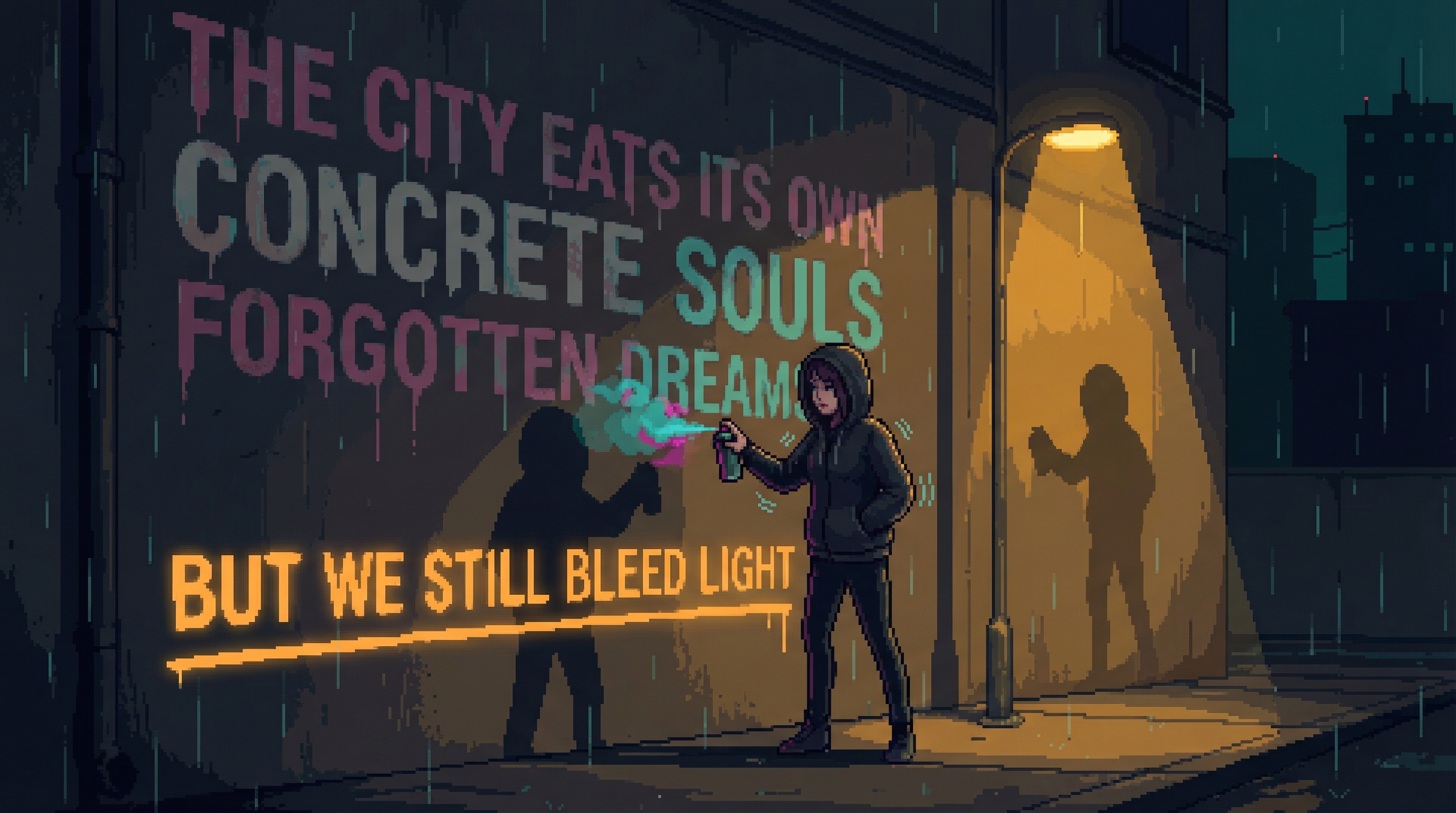 Fen spray-painting a new line beneath her older fading graffiti poem on a concrete wall at night