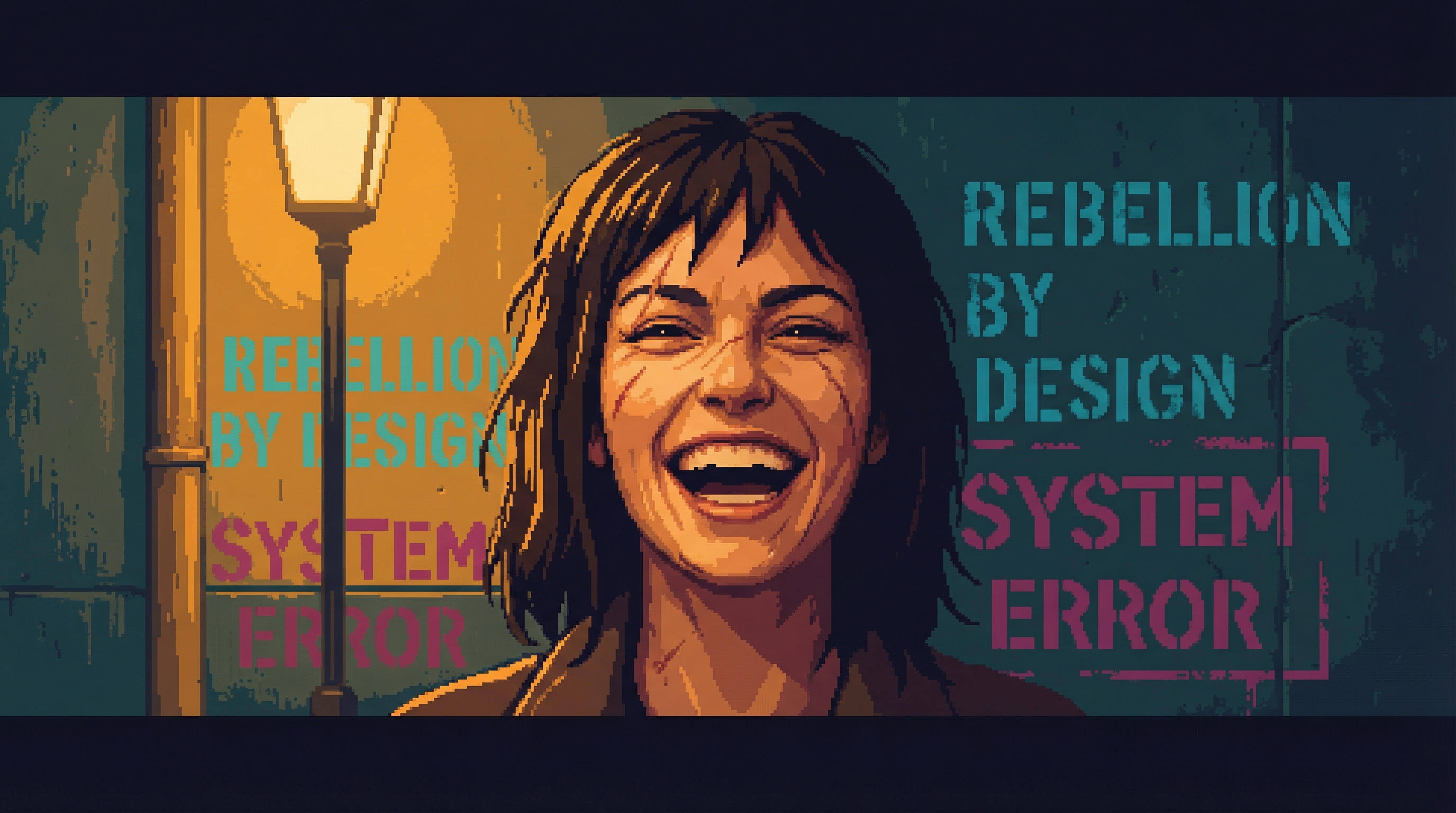 Close-up of Fen mid-laugh — ugly, raw, cracking — standing before the stenciled wall