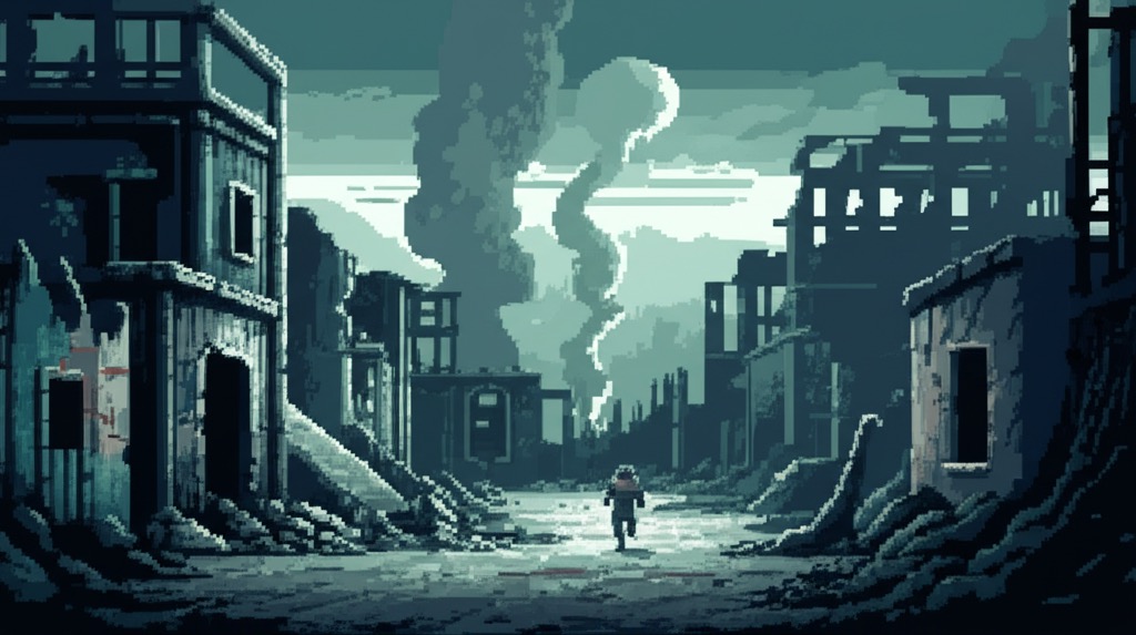 The settlement in ruins. Dawn light, harsh and clinical. Ironclad Industries tactical marks spray-painted on walls. A figure runs toward it from the hills, too late.